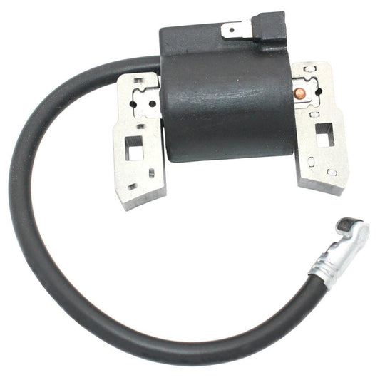 Ignition coil with black plastic housing, wire harness, dual metal terminals, and spark lead