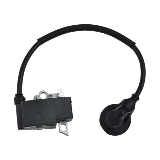 Ignition coil module with black cable and spark plug boot, metal mounting tabs