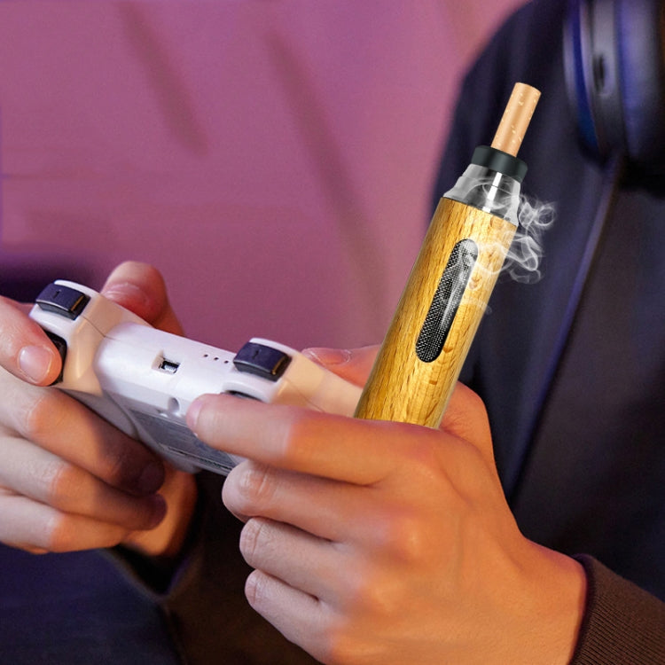 Timber-log cigarette holder with metal cap, inserted into lighter-style outlet