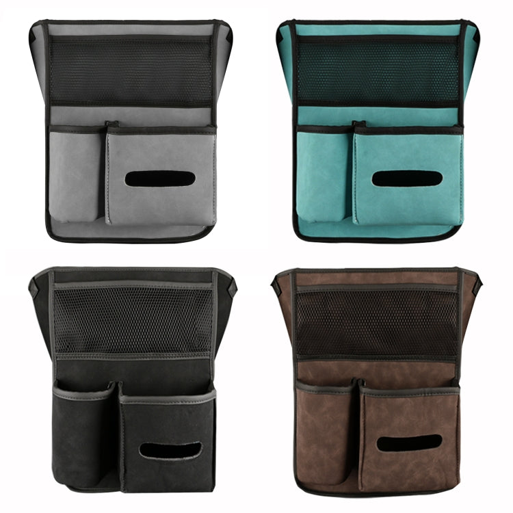 Set of 2 car center console hanging storage bags in black, grey, brown, and blue