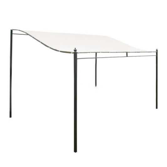 Waterproof patio shade awning with white canopy and black metal frame, angled view
