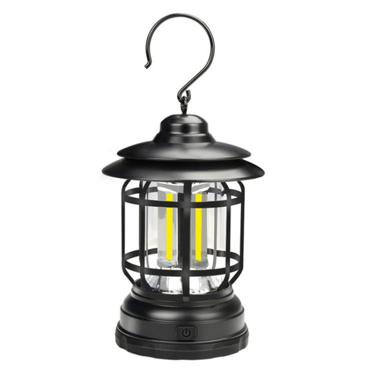 Black hanging camping lantern with clear glass sides and hanging hook