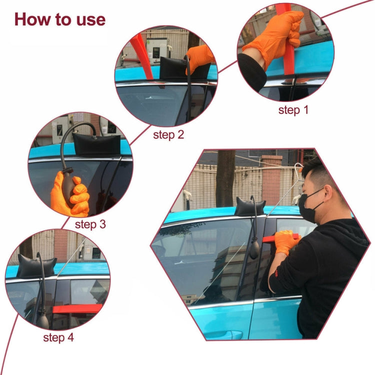 Car door open tool kit usage diagram showing steps applying wedges to a car