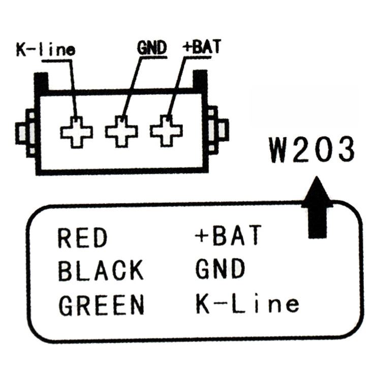 Car alarm emulator control board pinout label: RED/BLACK/GREEN, +BAT, GND, K-line