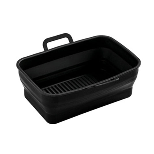 Rectangular silicone air fryer baking pan, black with ribbed base and double pull handle