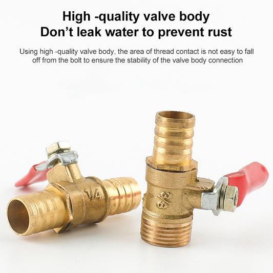 Brass pneumatic ball valve with red lever and threaded inlet/outlet, 1/4 marking