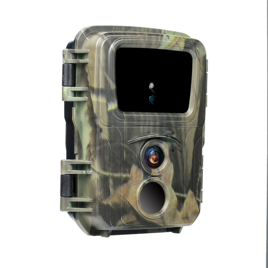 Camouflage trail hunting camera front with lens, round sensor opening, and display
