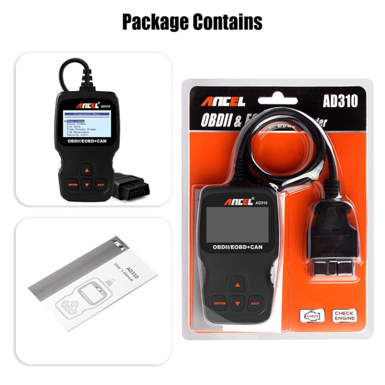 Ancel AD310 OBD2 code reader package contents with handheld device and cables