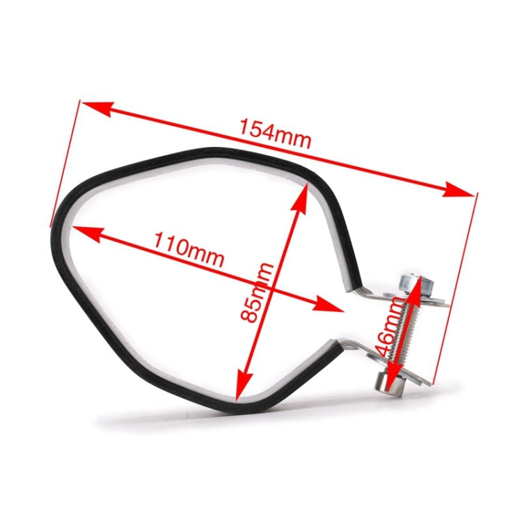Black rubber exhaust pipe clamp strap with size measurements and mounting hardware