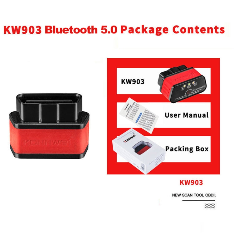 KW903 OBD2 Bluetooth diagnostic scanner kit with device, user manual, and packing box