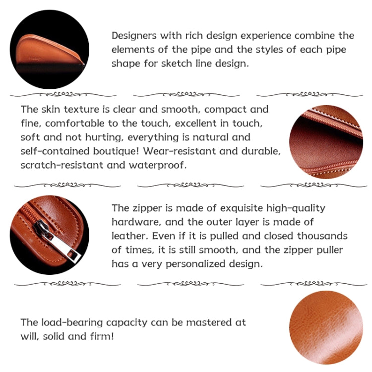 Orange leather smoking pipe bag detail showing smooth texture and zipper seam