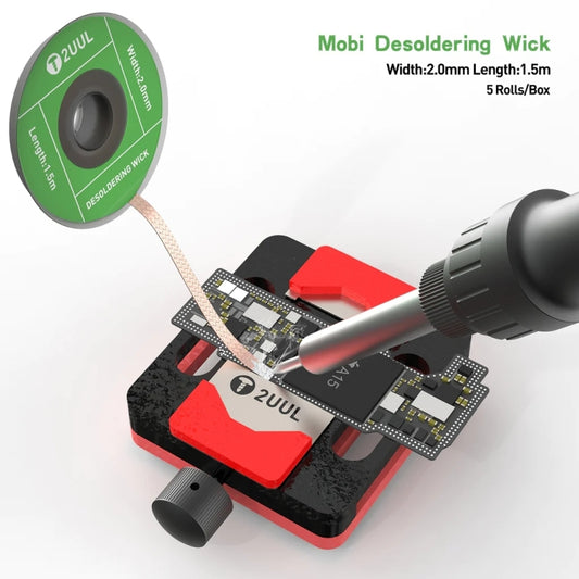 Desoldering wick strand drawn over PCB by soldering iron; green 2UUL roll