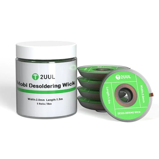 2UUL Mobi desoldering wick kit: white jar and green wick spool, 5 rolls