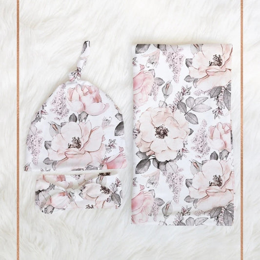 Floral newborn swaddling set with cap and headband, pink and gray blooms