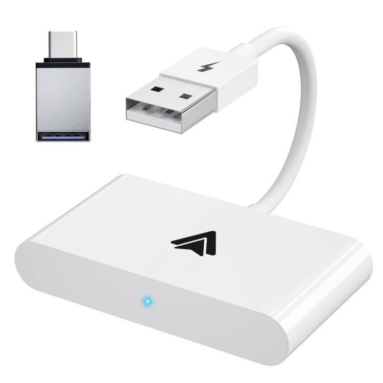 White CarPlay wireless adapter with USB connector cable and slim module