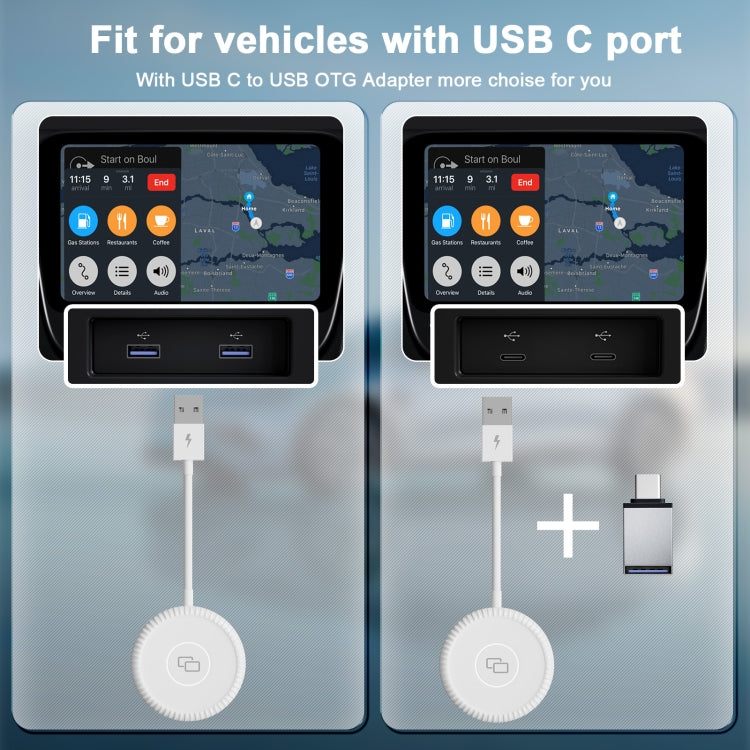 Carplay mirror adapter puck with USB-C OTG connector for USB-C vehicles