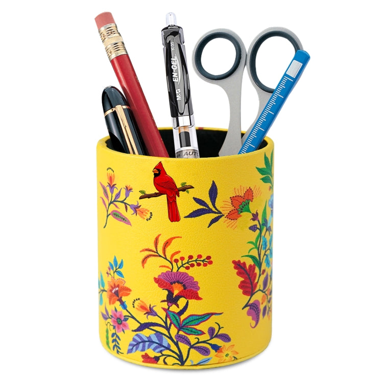 Floral PU leather pen holder, round cylinder with yellow background and colorful birds and blooms