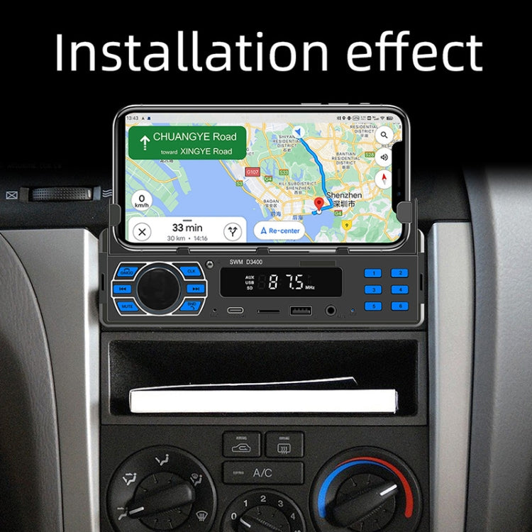 Car Bluetooth MP3 player installed in dashboard with navigation screen and control buttons