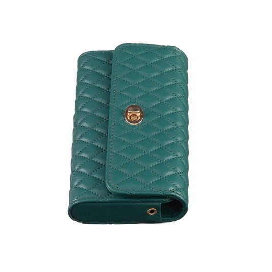 Teal quilted crossbody wallet bag, back view with gold snap closure