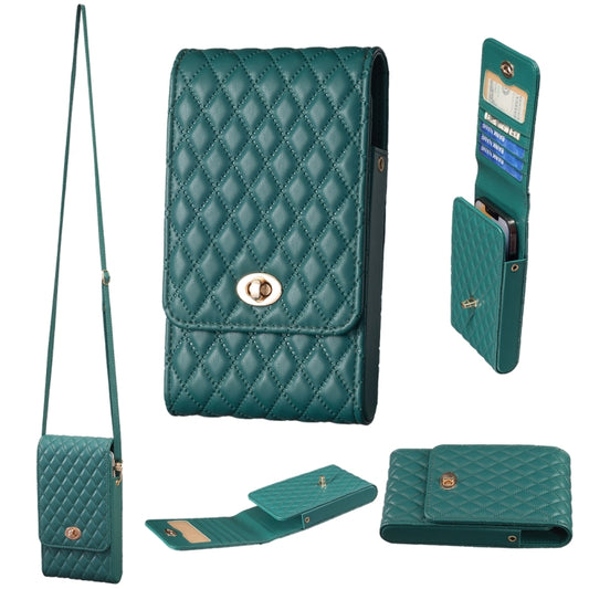 Quilted teal PU crossbody phone wallet bag with flap and gold-tone clasp, adjustable strap