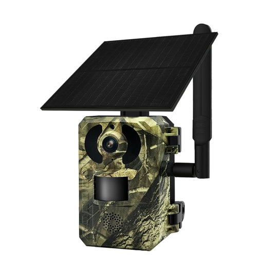 Camouflaged solar wildlife camera with black antenna and detachable solar panel