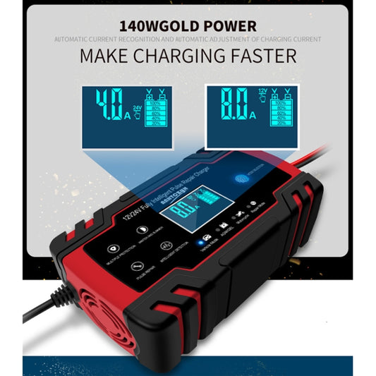 Red and black battery charger with visible side vents and glowing LCD charging readout