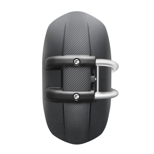 Motorcycle rear wheel splash guard close-up, textured black flap with silver brackets and rivets
