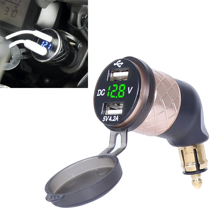 Motorcycle USB elbow charger with voltmeter, gold and black housing; DC 12.8V display.