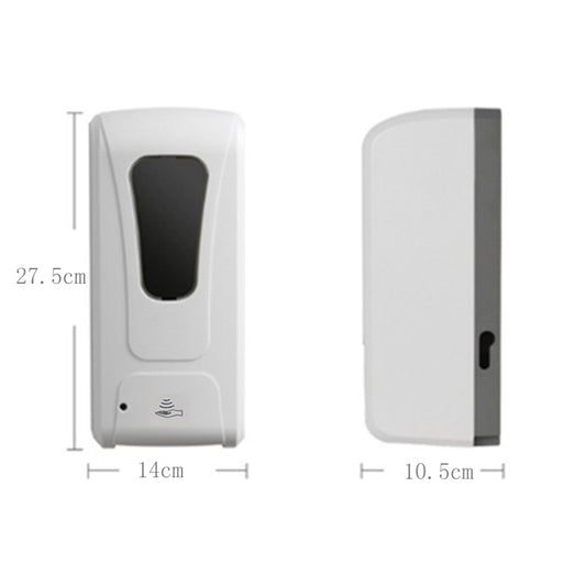 White automatic soap dispenser front and side view with size measurements