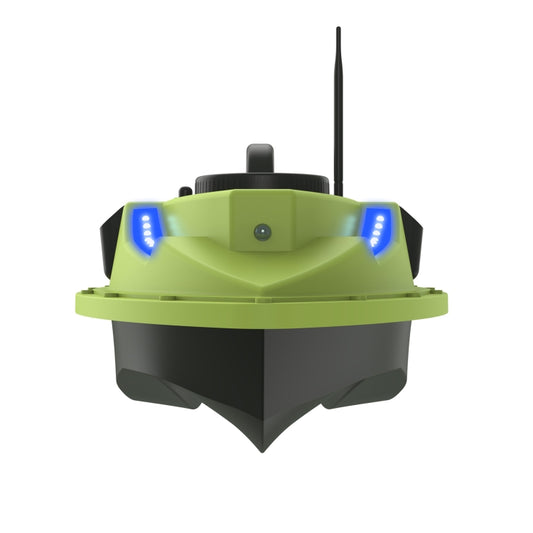 Front view of lime remote fishing bait boat with blue LED lights and tall antenna