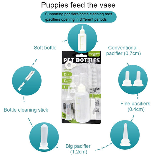 Pet bottle set in package with soft nipples and bottle cleaning brush