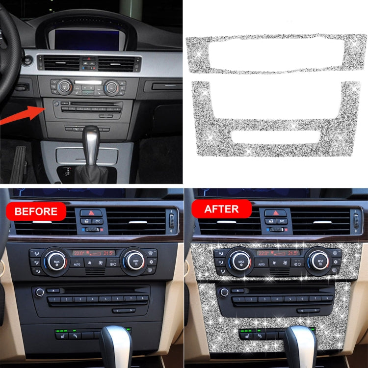Car dashboard center console before/after showing silver diamond glitter air conditioning sticker