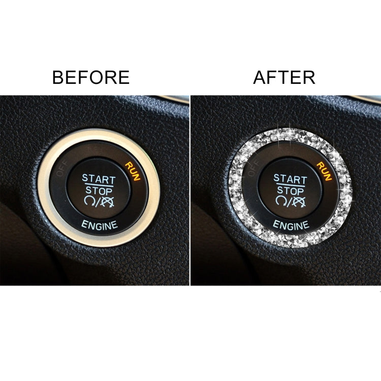 Split before/after view of black engine start/stop sticker with silver rhinestone ring