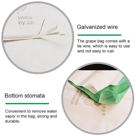 Grape bag features galvanized wire tie and bottom stomata for water vapor release