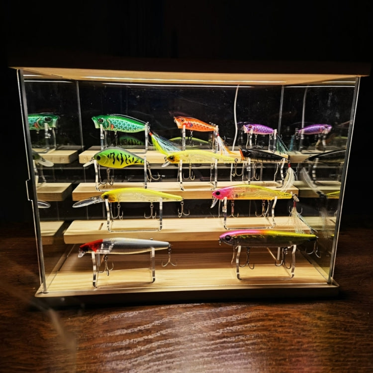 Glass-front clear lure display case with multiple transparent stand bases and hooks
