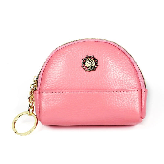 Pink leather mini zipper wallet purse with gold keyring and small front emblem.