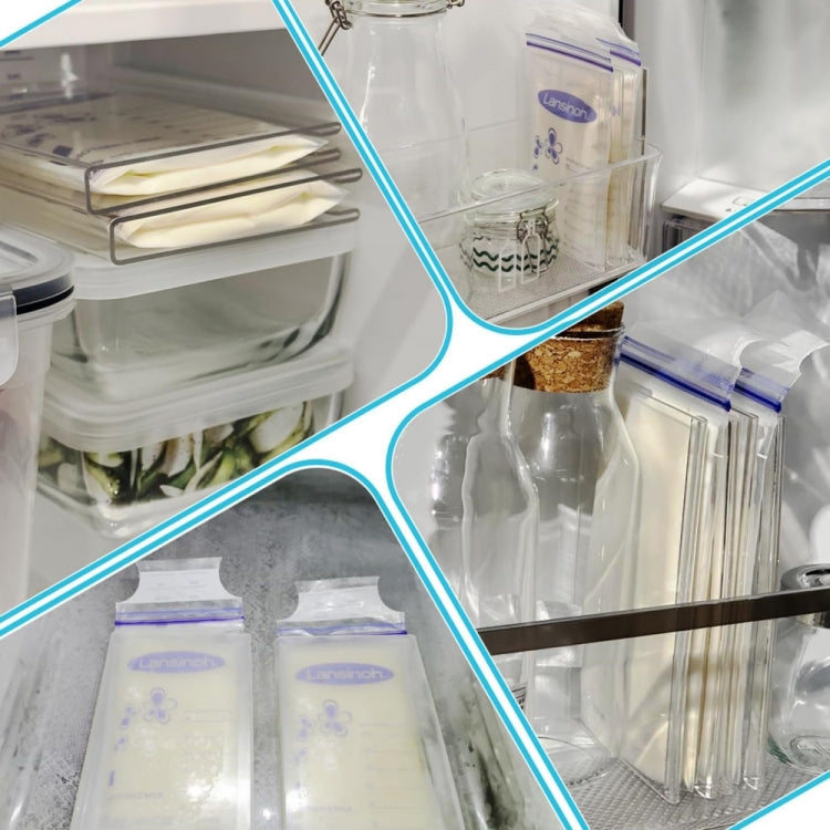 Transparent breast milk bag holders with pouches stored in a freezer