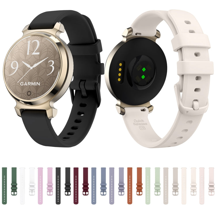 Garmin Lily 2 watch shown front and back with black and white bands; color options below
