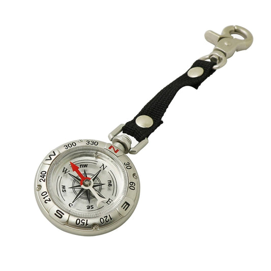 Retro metal keychain compass with black fabric strap and red-tipped needle
