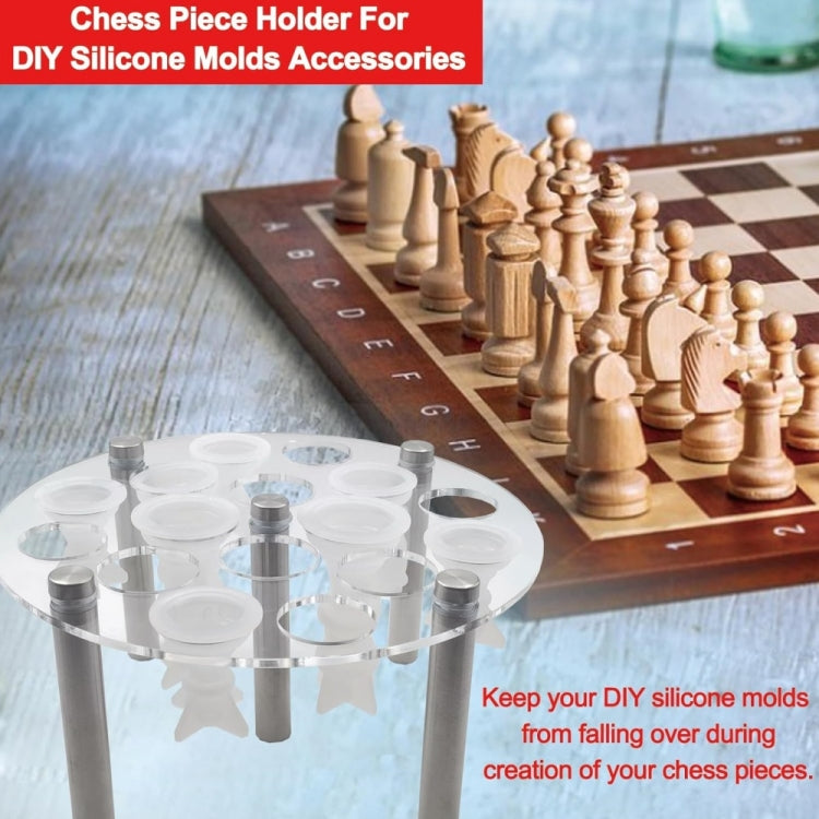 Round chess mold stand holding DIY chess piece molds on clear round base