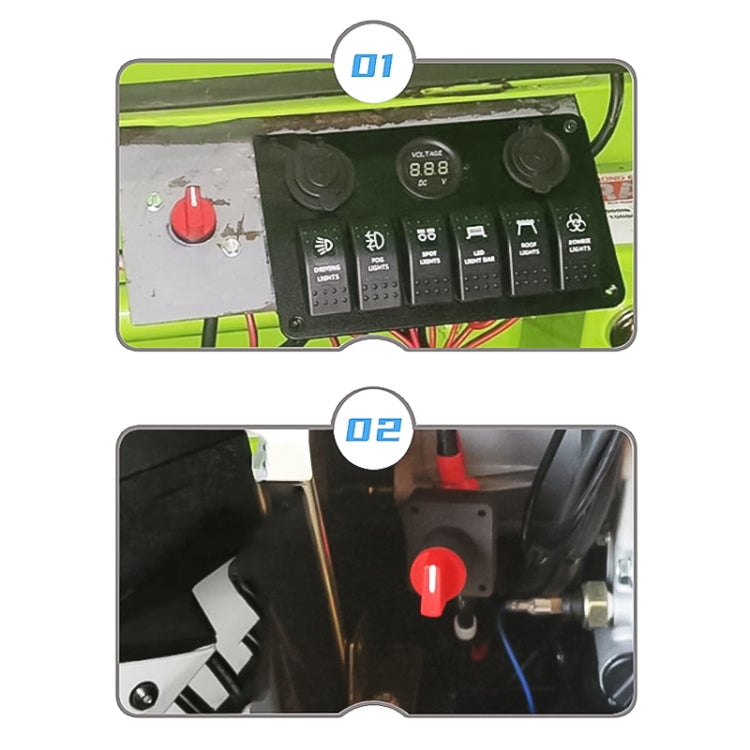 Car battery isolator switch with red knob installed on vehicle control panel