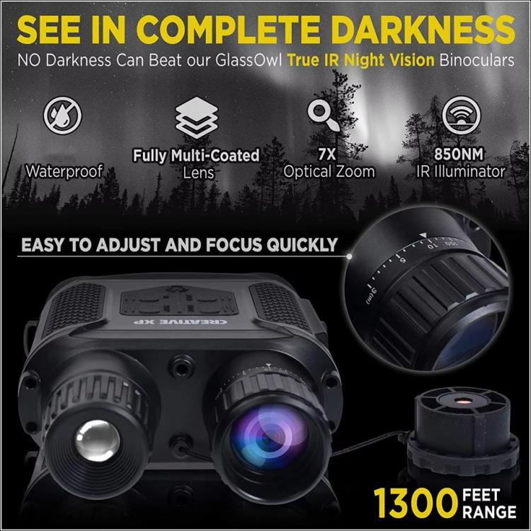 Black night vision binocular with objective lenses and focus wheel, front close-up