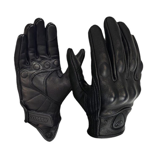 Left and right black motorcycle sheepskin gloves with padded knuckles and textured palm