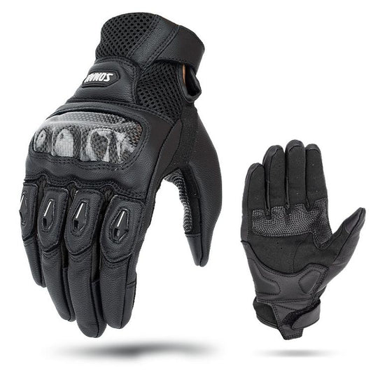 Black motorcycle riding gloves with mesh knuckle padding and padded fingertips