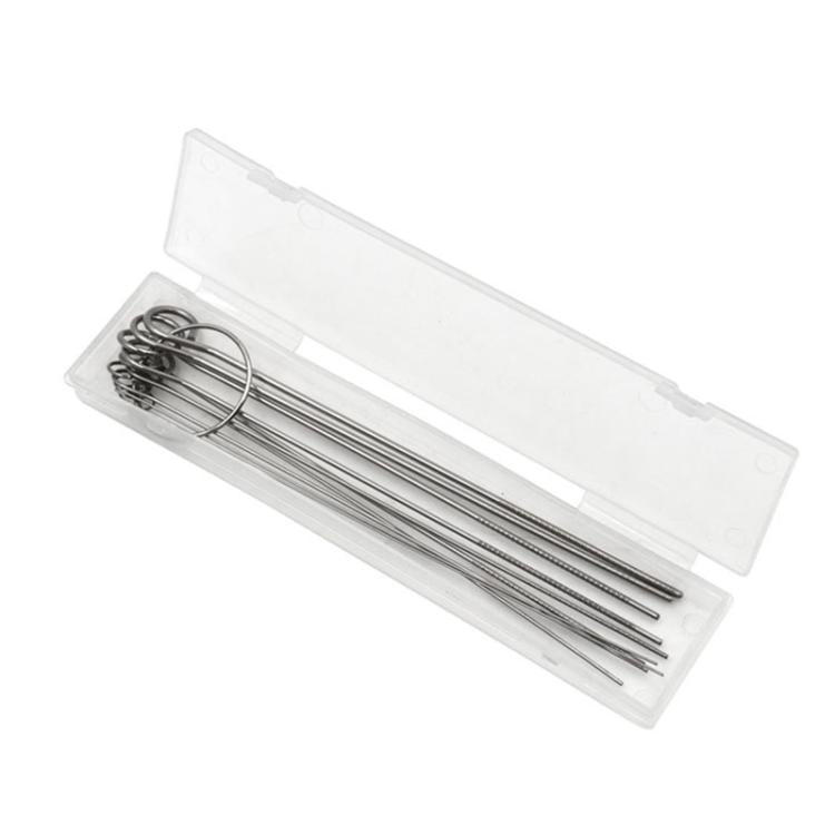 Stainless steel welding needle set stored in a clear plastic case
