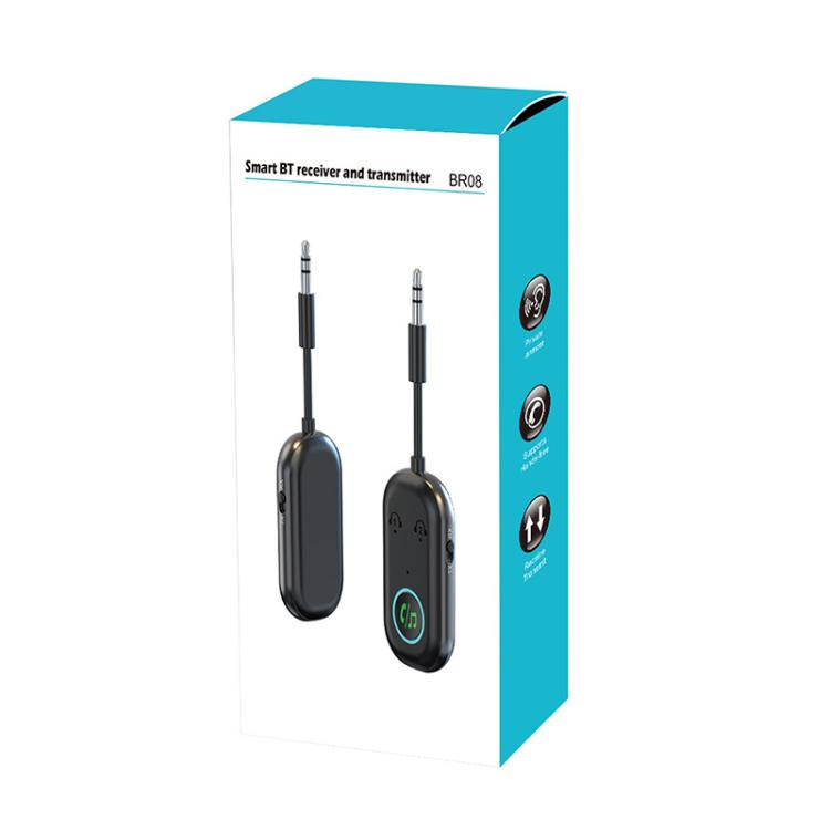 Bluetooth car AUX 2-in-1 receiver/transmitter kit in retail box, shows two 3.5mm plugs