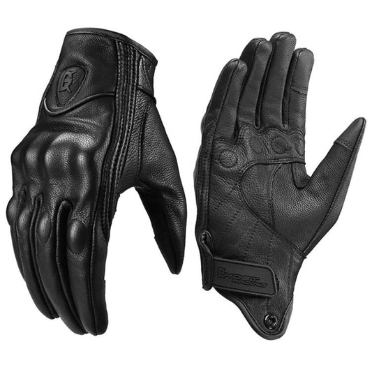 Black leather motorcycle riding gloves with armored knuckle panels and wrist strap