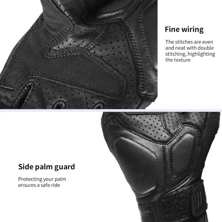 Black leather motorcycle gloves with perforated panels, fine stitching, and side palm guard