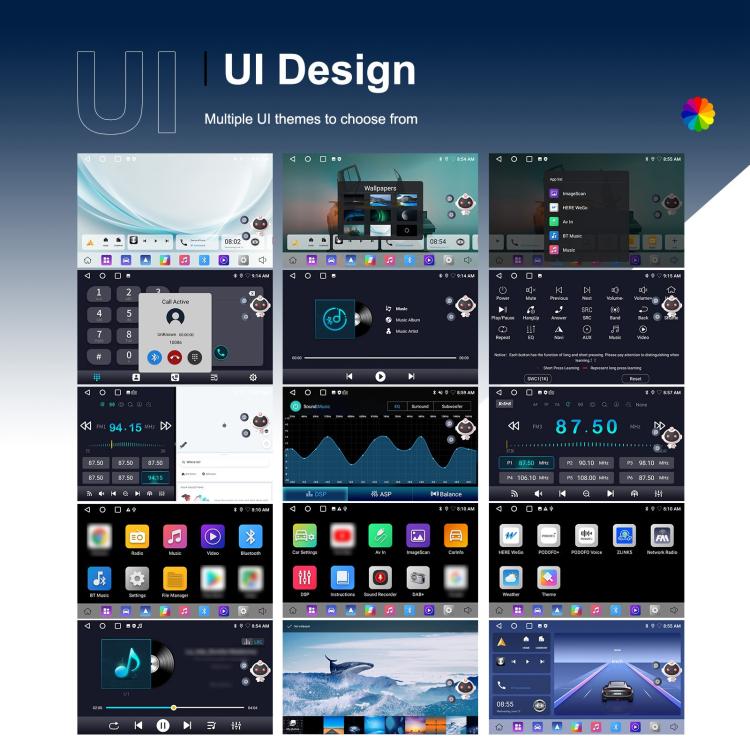 9-inch Android car central display showing multi-screen UI panels