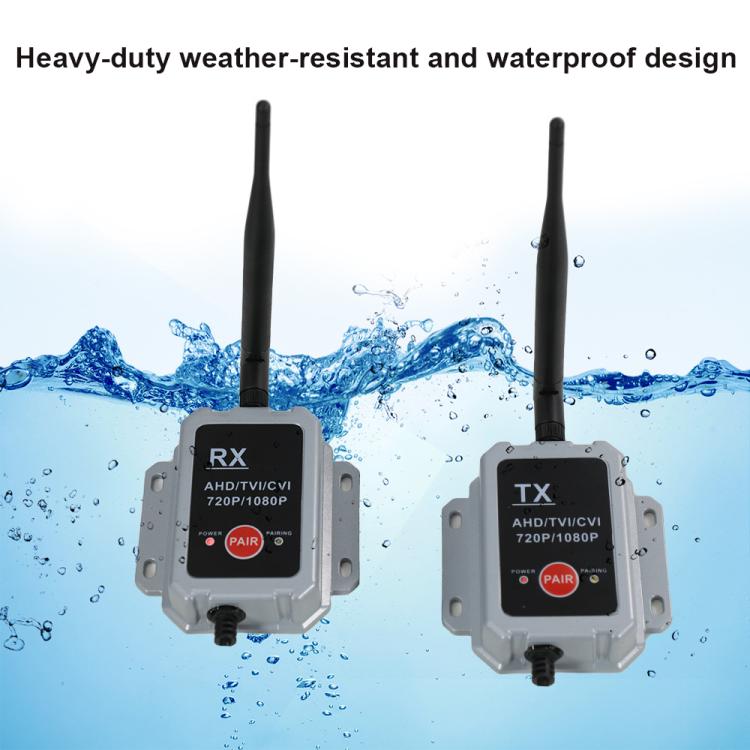Waterproof wireless TX and RX modules with dual antennas shown against water splash